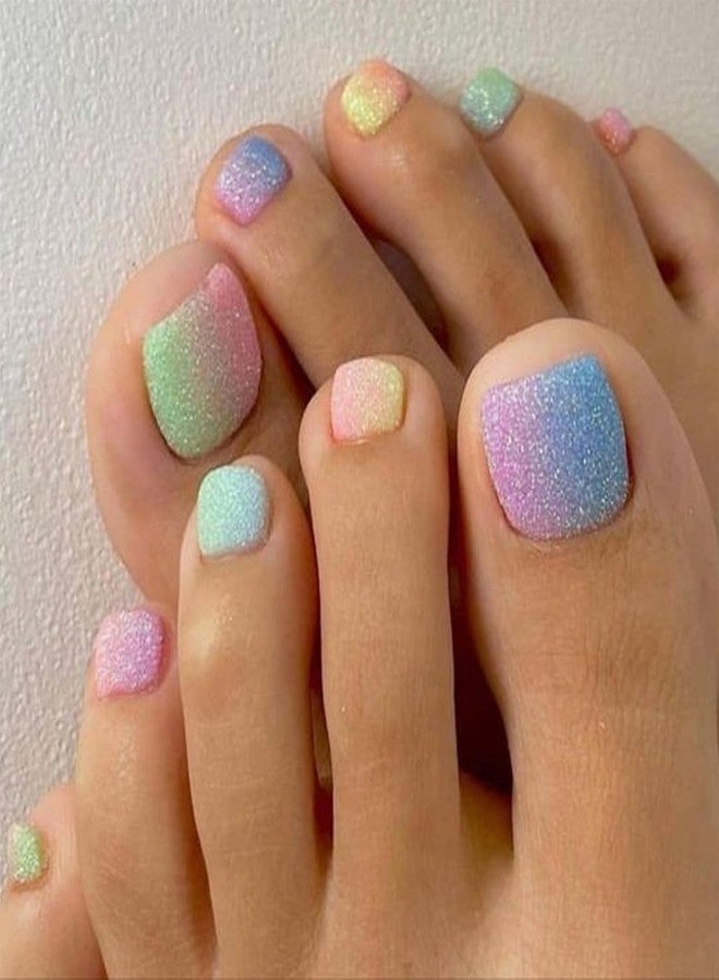 SINHOT Colorful Press onToenails Matte Fake Toe Nails Glue on Toenails Rainbow Acrylic Toe Fake Nails Supplies False Toenails Art with Design Full Cover Press-on Sparkly ToeNails DIY 24pcs - Image 1
